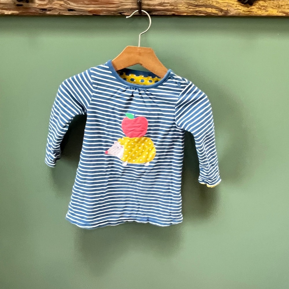 Baby Boden‎ Blue White Striped Hedgehog Apple Applique Cotton Tunic Top 12-18M